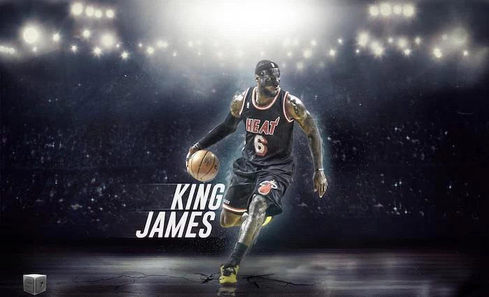 lebron james on the court wearing miami heat uniform dribbling the ball wearing face mask lakers wallpaper king james written in white