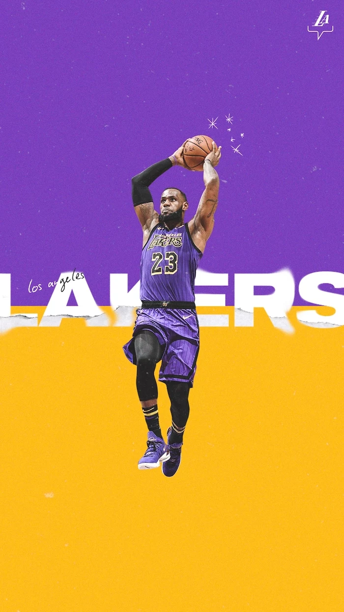 lebron jumping in the air holding ball wearing purple lakers uniform cool nba wallpapers purple and yellow background