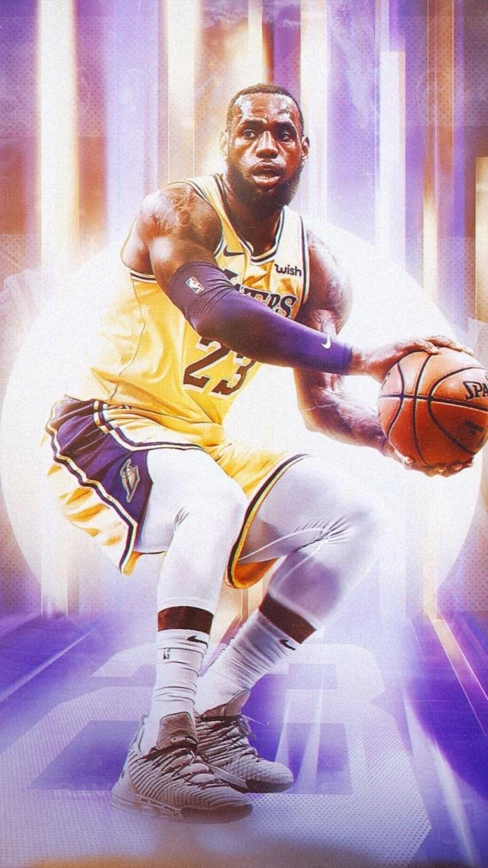 lebron wearing lakers uniform dribbling the ball lebron james lakers wallpaper purple and gold background
