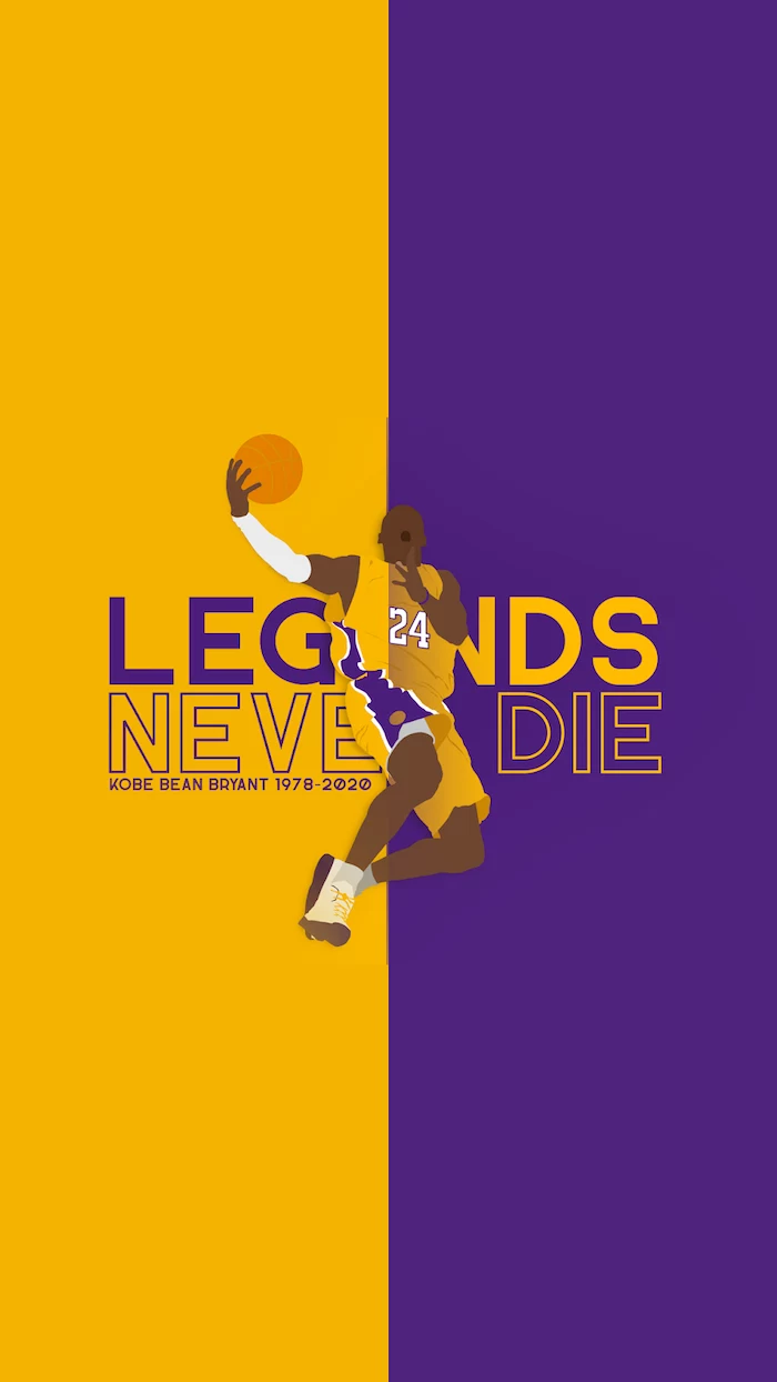 legends never die kobe bean bryant kobe bryant wallpaper hd purple and yellow background with drawing of kobe jumping with basketball