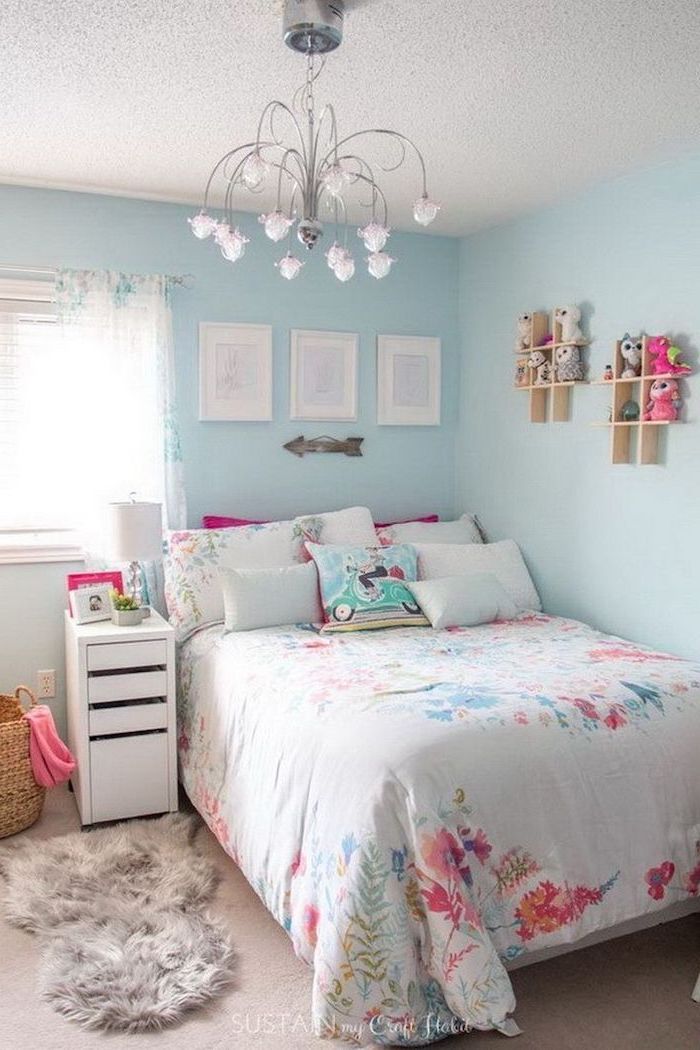 50 Cozy And Cute Teenage Girl Bedroom Ideas For Small Rooms   Light Blue Walls Teen Girl Room Decor Colorful Throw Pillows Silver Chandelier Small Wooden Bookshelves On The Wall 