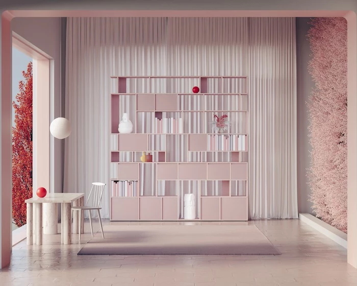 light pink bookcase with cabinets and shelves in different shapes bookcase ideas white curtain behind it small white desk and chair at the front