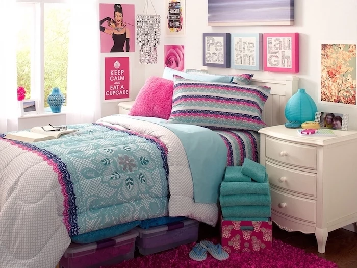 lots of art on the walls around the bed teenage girl bedroom ideas for small rooms colorful pillows pink carpet on wooden floor
