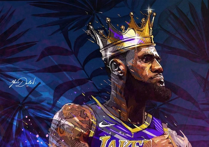 nba wallpaper drawing of lebron james wearing lakers uniform crown on his head blue background