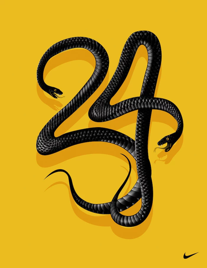 number twenty four written with drawing of two black mambas on yellow background kobe bryant and gigi wallpaper nike logo at the bottom corner