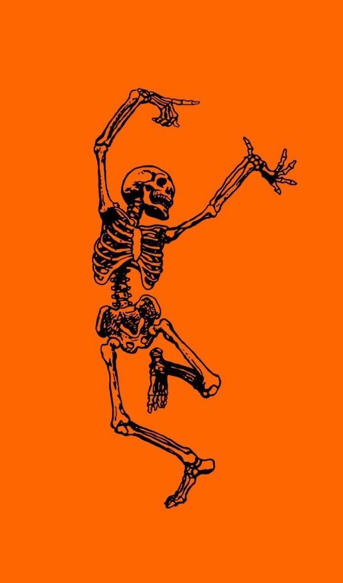 orange background halloween desktop wallpaper drawing of dancing skeleton in black