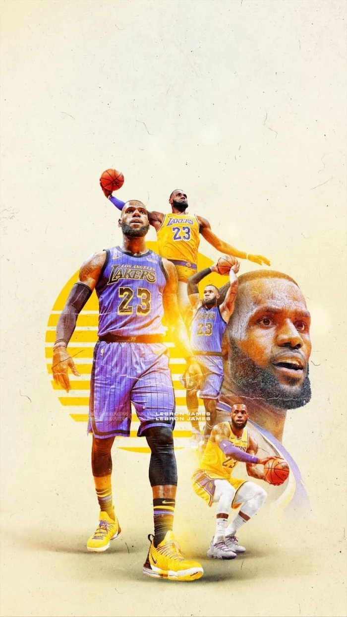 photo collage of lebron james wearing different lakers uniforms on the court lebron james pictures white background