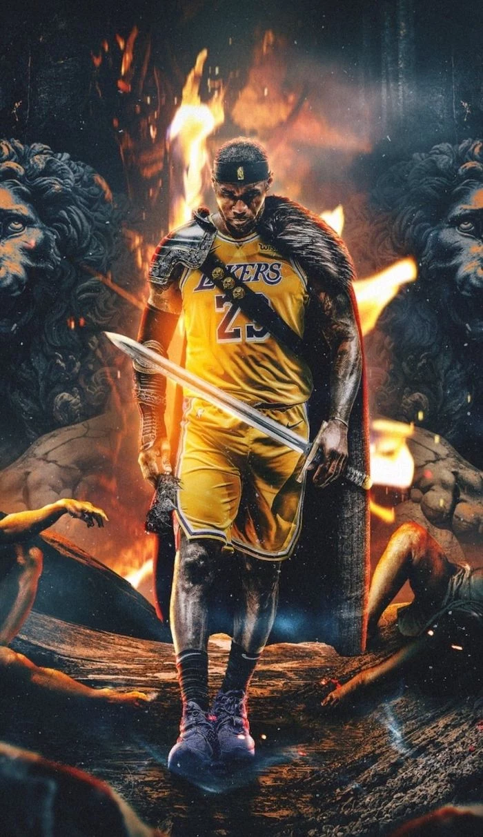 photo collage of lebron wearing lakers uniform holding a sword wearing a cape lebron james pictures lions statues in the background