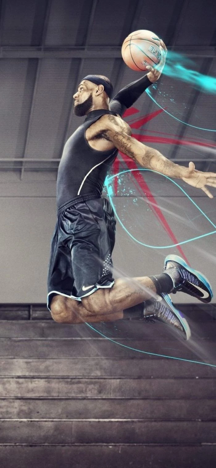 photo of lebron james jumping in the air with the ball in his hands lebron james wallpaper iphone empty court