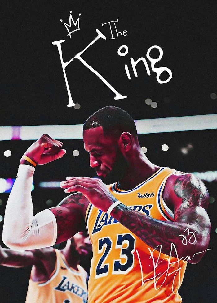 photo of lebron wearing lakers uniform flexing on the court lebron james background the king written above him with his autograph