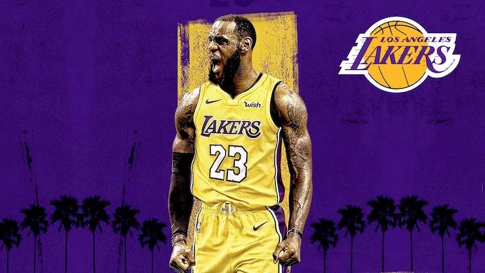 photo of lebron wearing lakers uniform lebron james wallpaper purple background with palm trees los angeles lakers logo in the top corner