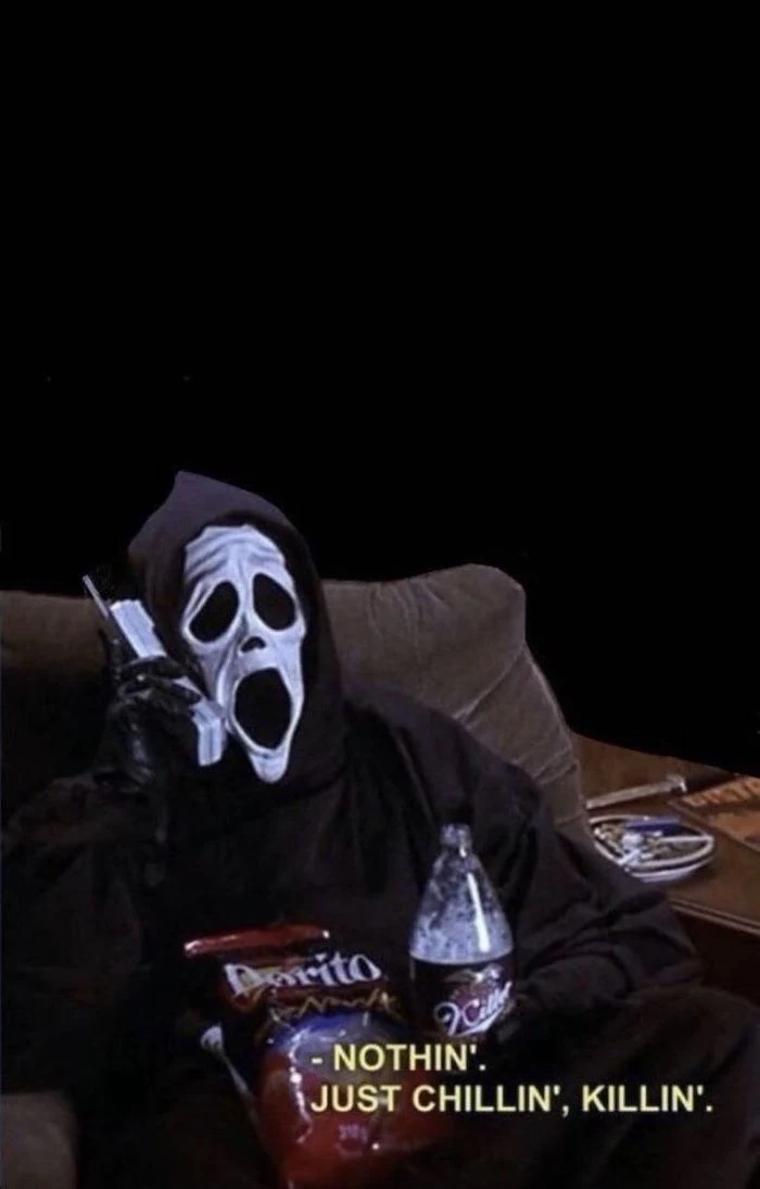 scary halloween wallpaper still from the scary movie scary halloween wallpaper man with scream mask sitting in armchair talking on the phone