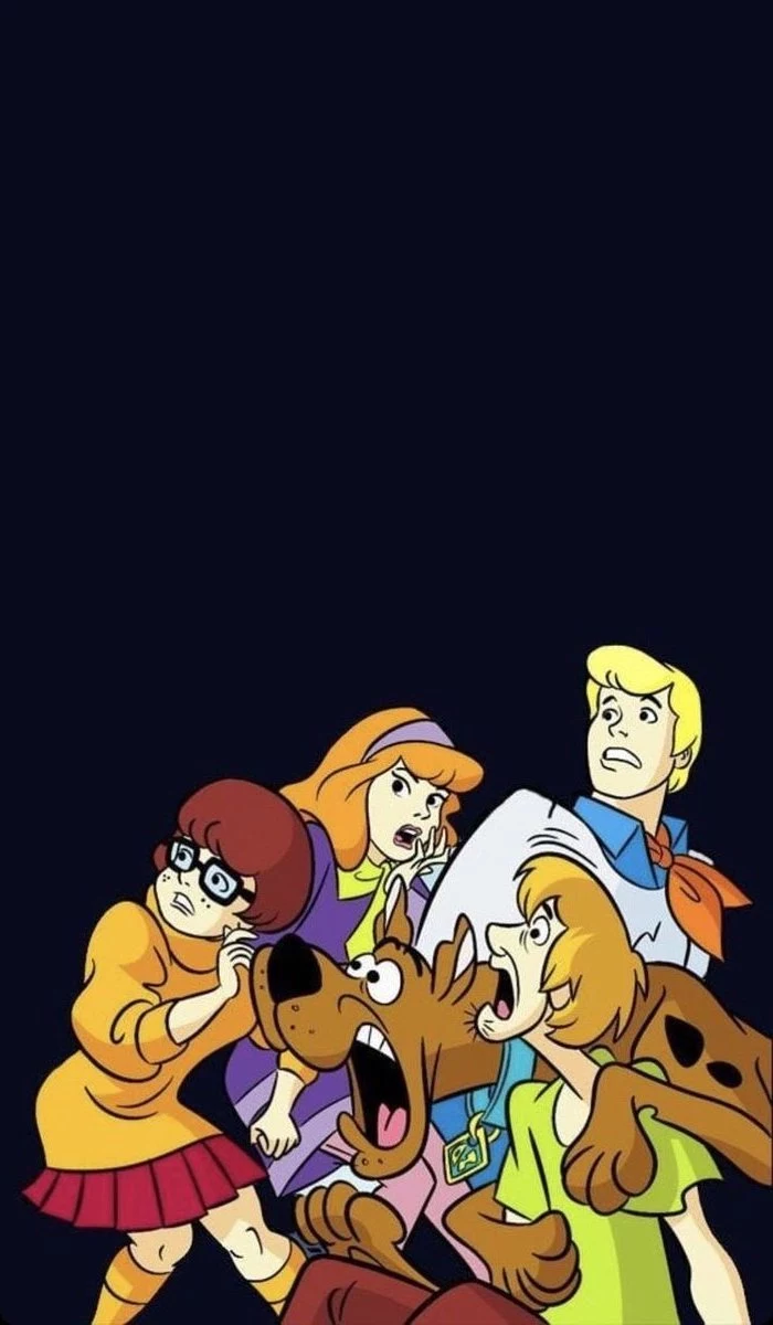 scooby doo gang looking scared drawn on the bottom corner scary halloween wallpaper black background