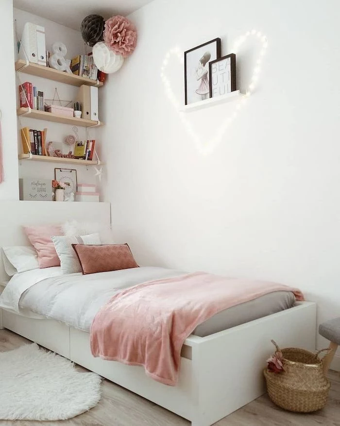 shelves on the wall above the bed cute room ideas white walls fairy lights in the shape of a heart wooden floor