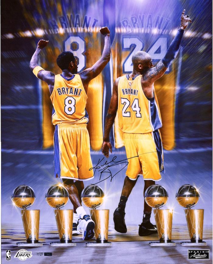side by side photos of kobe wearing number eight and number twenty four lakers uniforms kobe bryant wallpaper five championship trophies