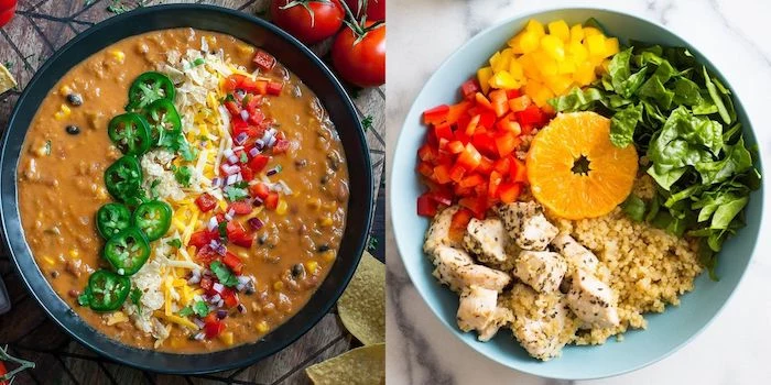 side by side photos of quinoa chicken soup with peppers spinach tomatoes instant pot recipes black and blue bowls