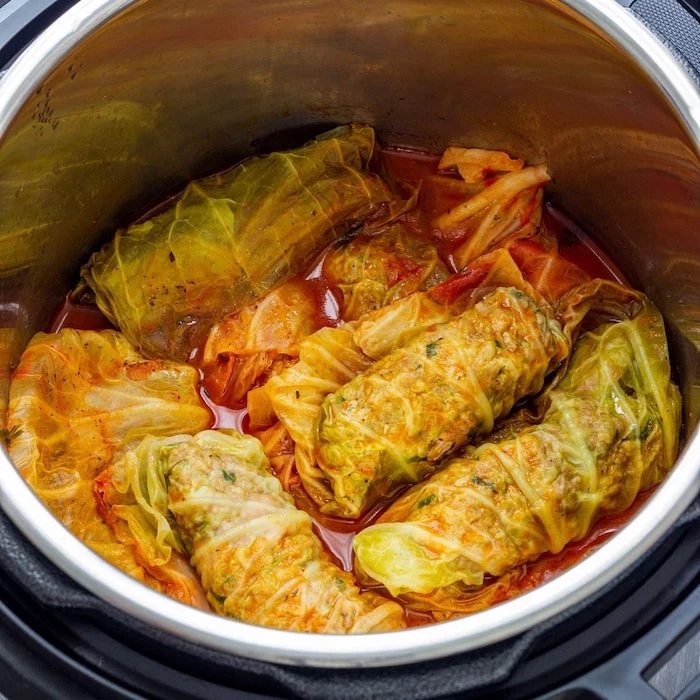 stuffed cabbage rolld with minced meat cooked inside instant pot dinner recipes with veggie broth