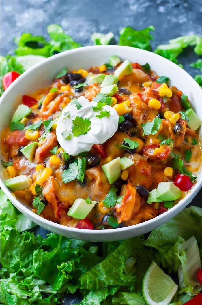 taco pasta with corn black beans peppers avocado instant pot chicken recipes healthy garnished with yoghurt chopped parsley