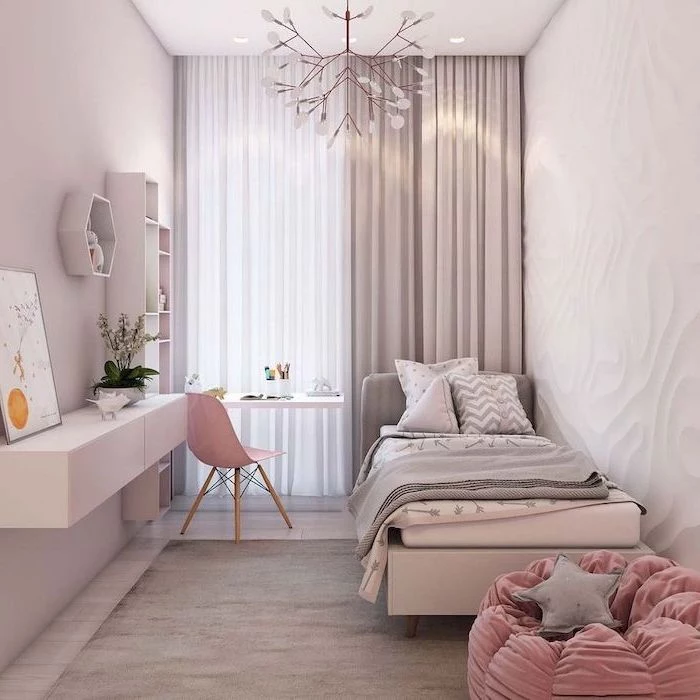 teen girl room ideas wooden floor with gray carpet floating desk with pink chair bookshelf light pink walls pink velvet puff chair