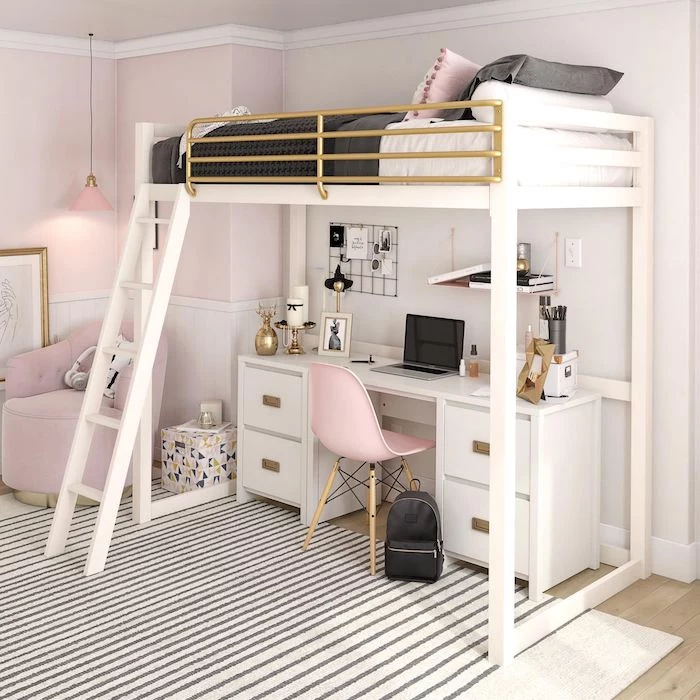 teenage girl bedroom ideas for small rooms light pink walls wooden floor with white carpet bed up high desk underneath