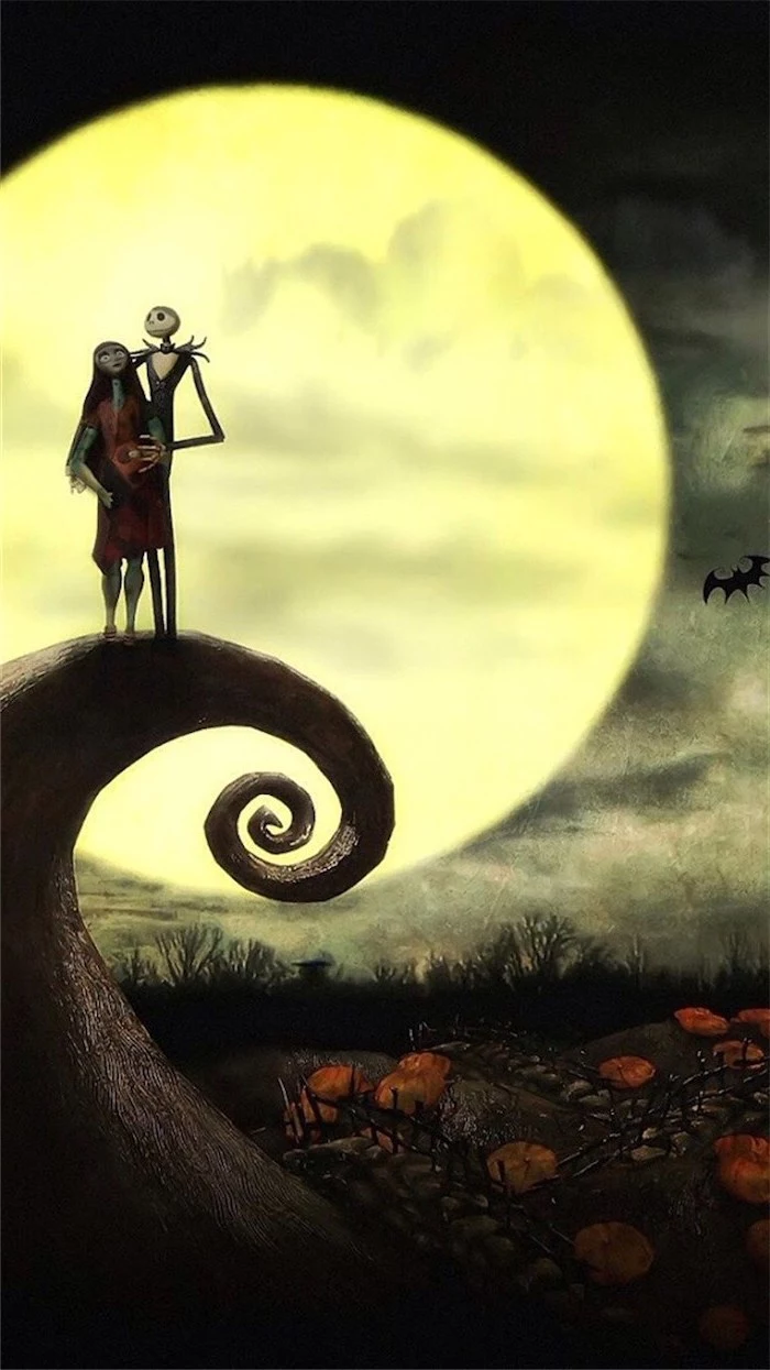the nightmare before christmas jack skellington and sally standing on rock halloween desktop wallpaper full moon in the background
