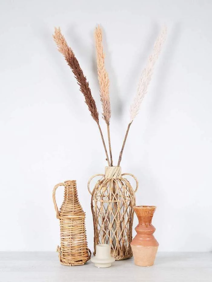 three jugs vases arranged on white surface colored pampas grass inside one of them photographed on white background