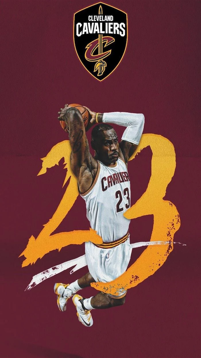 twenty three written abross a photo of lebron jumping in the air about to dunk the ball wearing cavaliers uniform lebron james lakers wallpaper red background