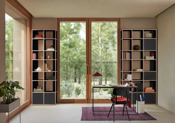 two sets of bookshelves on both sides of large glass door bookcase ideas small wooden desk with black metal chair