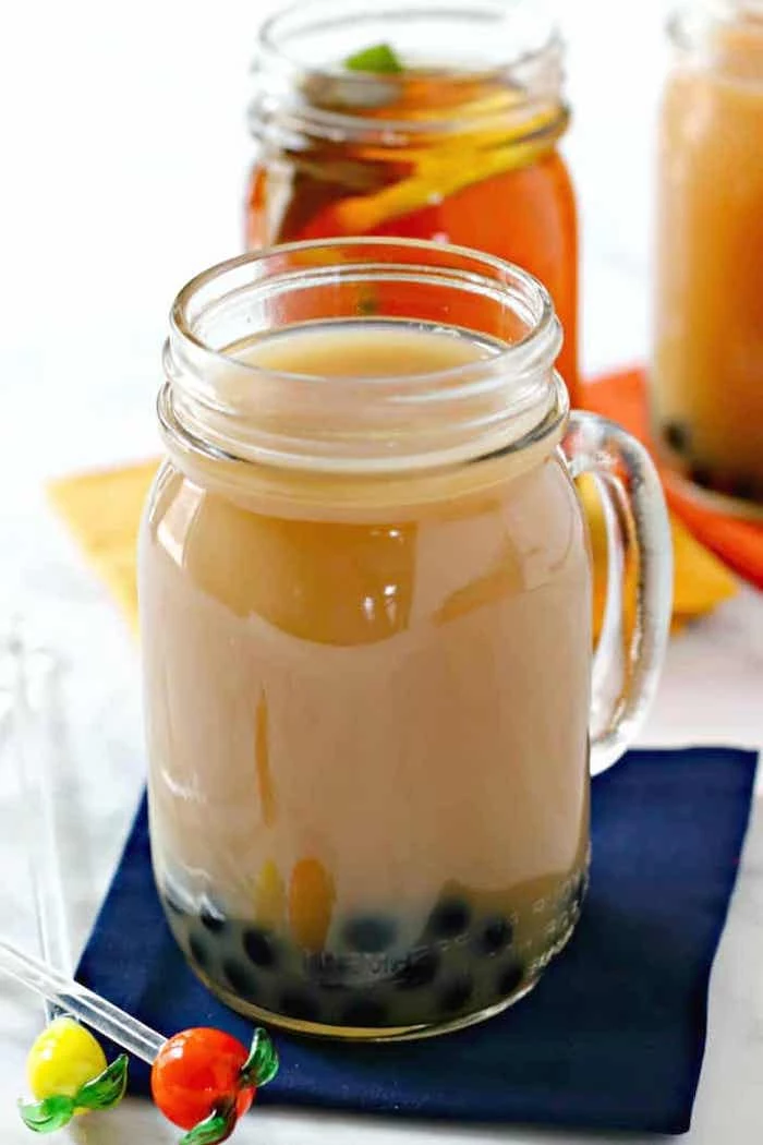 vegan bubble tea placed inside galss jug on blue napkin how to cook tapioca pearls