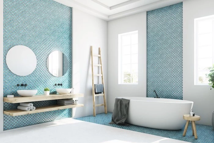 accent walls with turquoise mosaic tiles white on the sides bathroom floor tiles in white wooden floating vanity