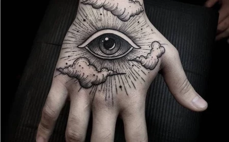 all seeing eye with clouds hand tattoo on man wearing black blouse tattoos with meaning of life black background