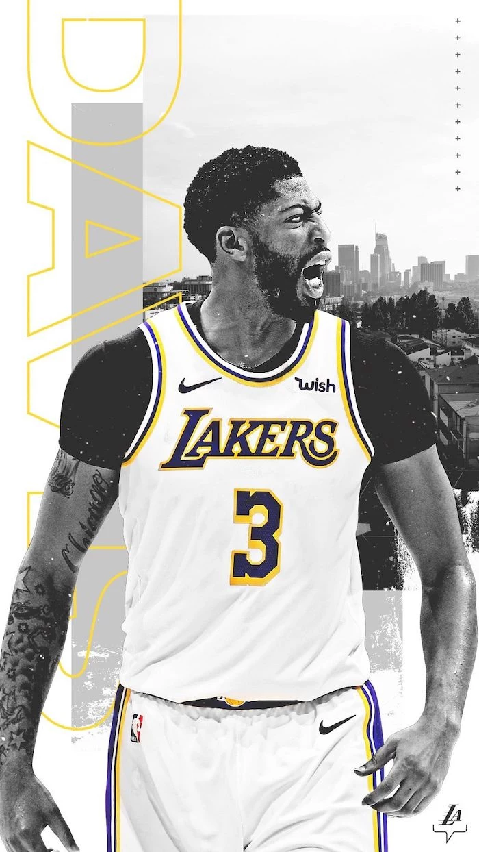 anthony davis wallpaper photographed on the court screaming wearing white lakers uniform