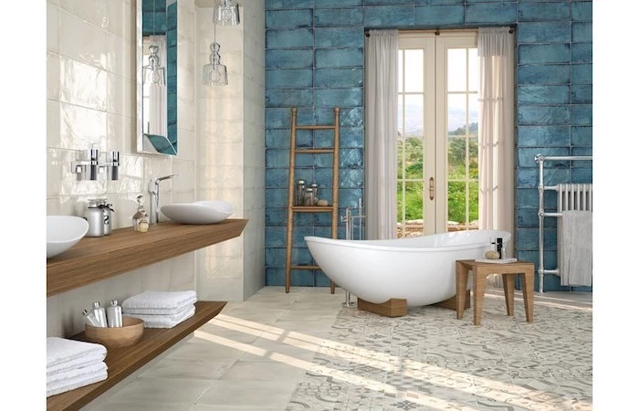 bathroom backsplash ideas blue tiles on the wall behind bathtub gray and white tiles on the floor with print