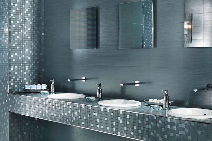 bathroom floor tiles vanity with three sinks mosaic turquoise green tiles dark green tiles behind the mirrors