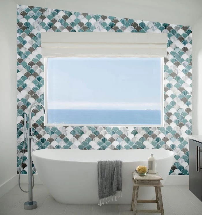 bathroom shower tile ideas mermaid scale like tiles in green brown white gray accent wall behind the bathtub