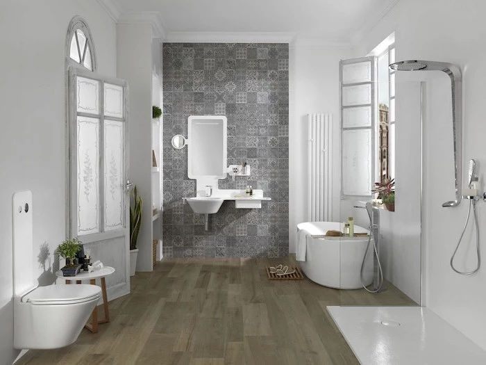 bathroom tile ideas wooden floor tiles white walls accent wall behind the sink with gray and white printed tiles