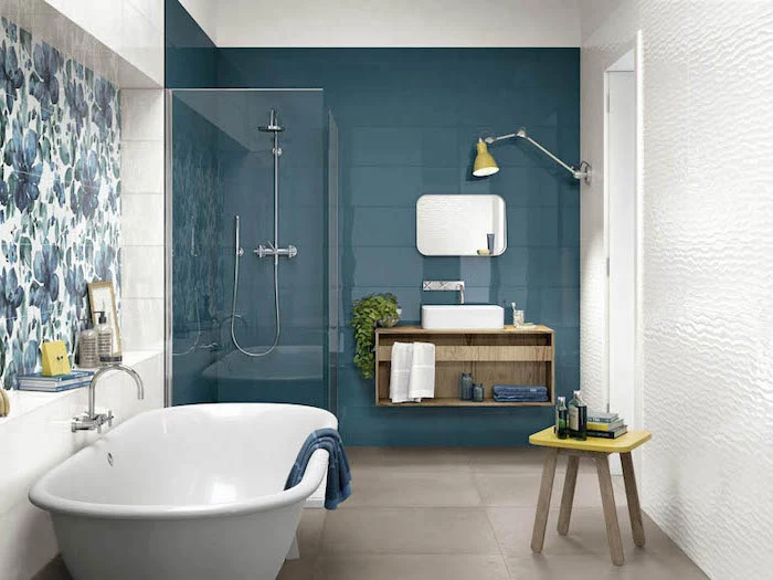 bathroom wall tile ideas blue tiles on the wall behind the shower and sink tiles with blue flowers behind the bathtub