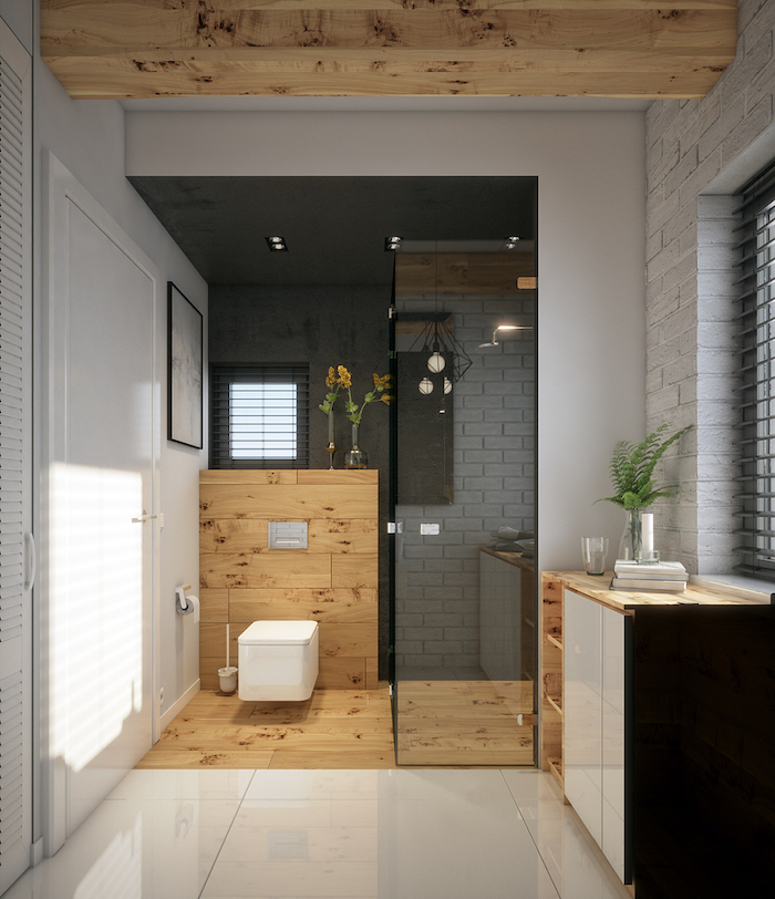 bathroom with exposed wood beams white brick wall white tiles scandinavian living room shower separated with glass