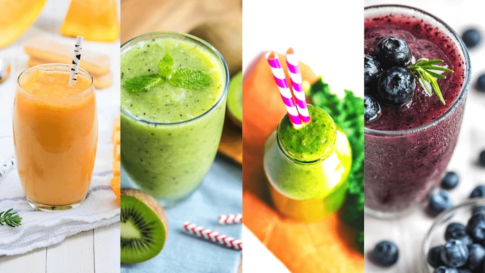 best detox drink photo collage four different glasses with smoothies in different colors fruits around them