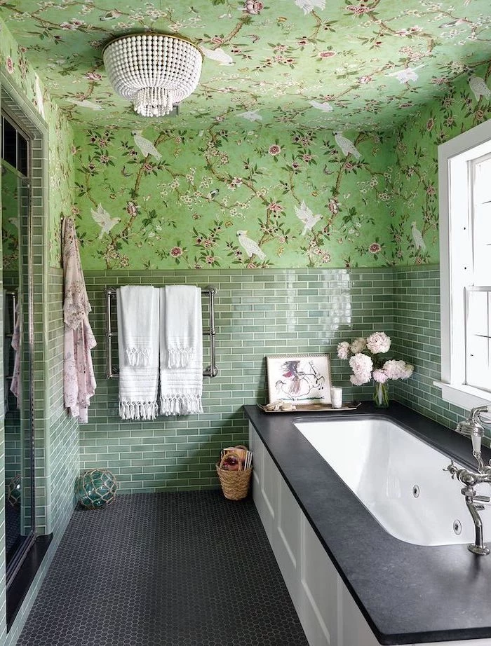 best flooring for bathroom green subway tiles on half of the wall the rest of the wall and ceiling with colorful green wallpaper