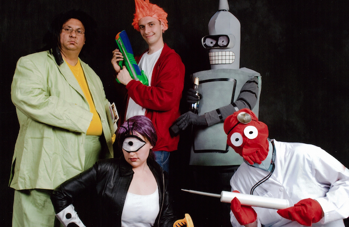 black background five people dressed as characters from futurama girl group halloween costumes