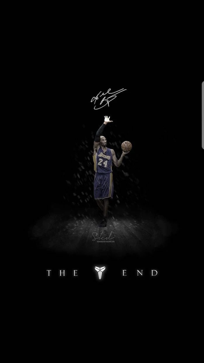 black background nba background kobe bryant in the middle waving his hand wearing lakers uniform kobe signature above him