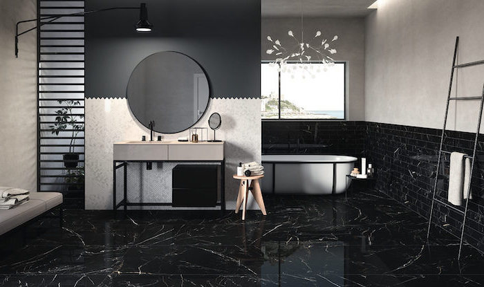 black marble tiles on the floor bathroom backsplash ideas black subway tiles on half of the walls