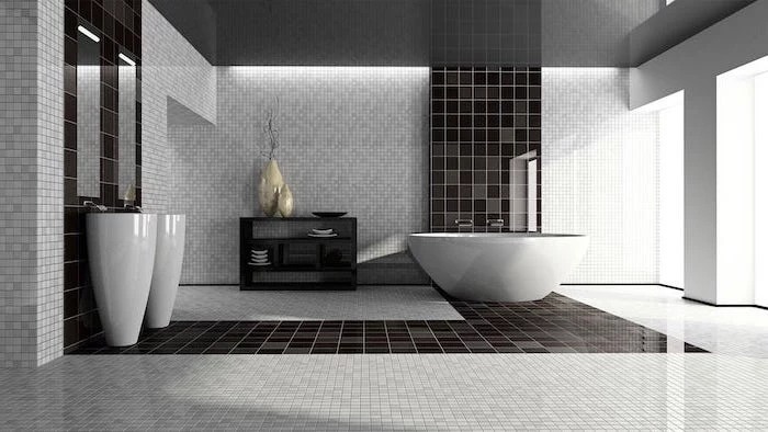 black square tiles going from the wall behind the sink to the floor to the wall behind the bathtub bathroom tile ideas mosaic walls