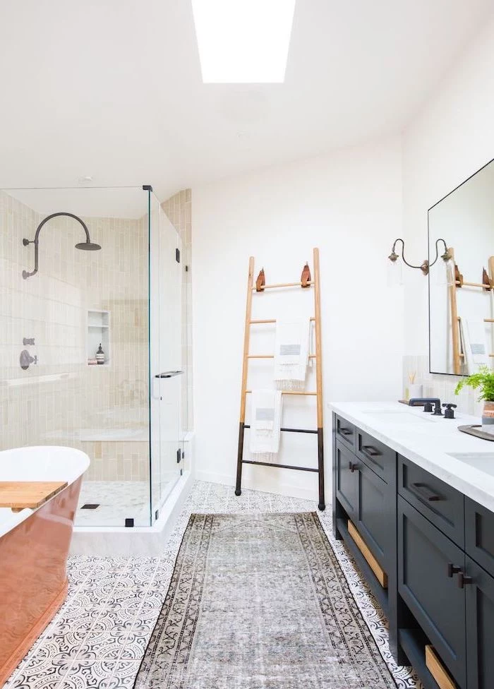 black vanity with two sinks white countertop modern farmhouse bathroom vanity printed tiles on the floor with rug shower cabin