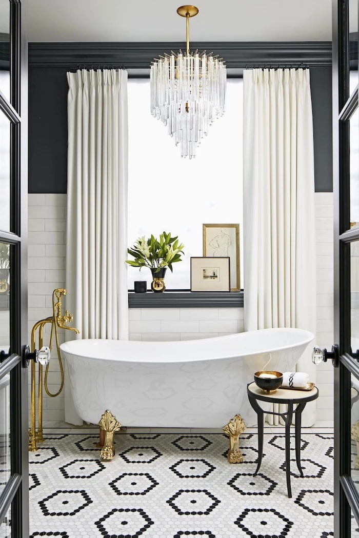 black wall with white subway tiles bathroom tile ideas for small bathrooms mosaic tiles on the floor in black and white cintage bathtub with gold faucet