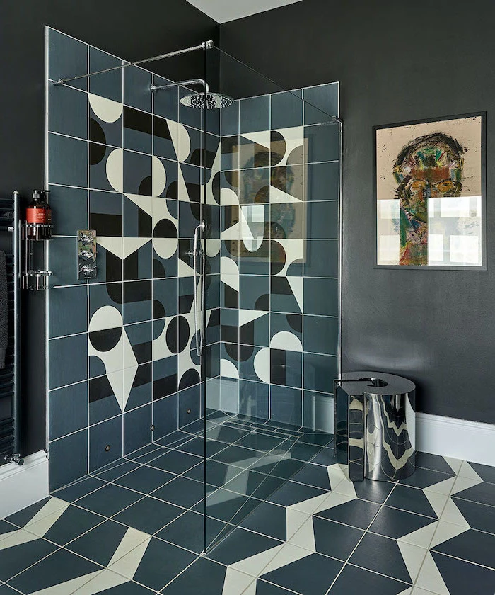 black walls bathroom tile ideas for small bathrooms dark green tilles with black and white geometrical prints on the shower walls and floor