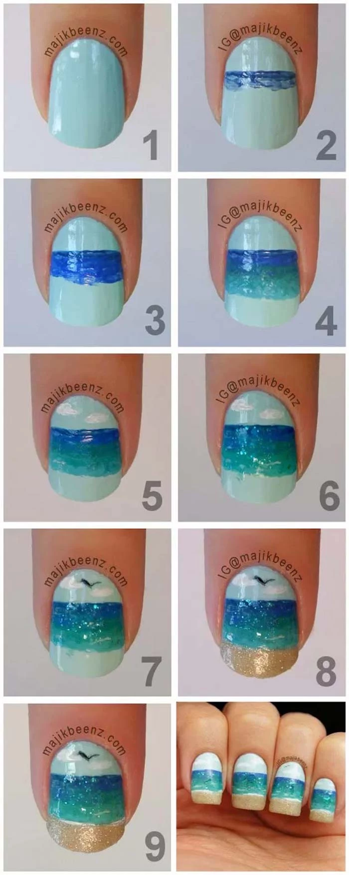 blue and gold ocean landscape decoration cute acrylic nail ideas step by step diy tutorial photo collage