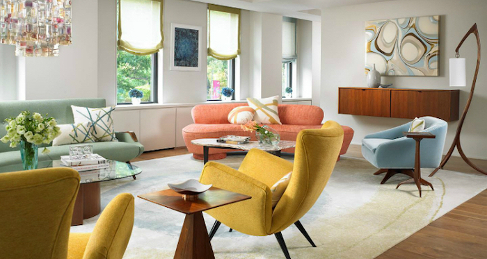 blue armchair yellow armchairs pink and green sofas white carpet on wooden floor mid century living room