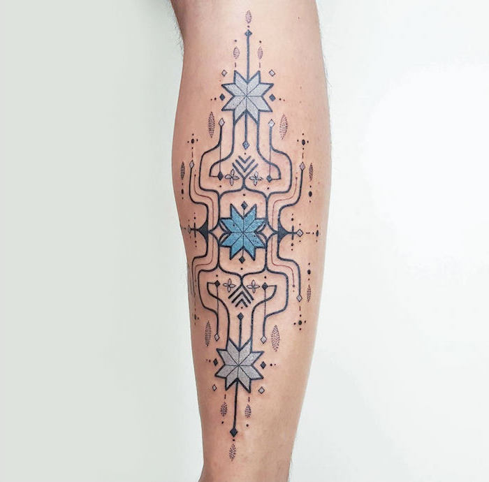 blue geometrical flowers connected with other geometrical shapes meaningful tattoos for women back of leg tattoo